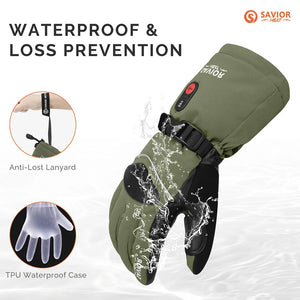 Green heated glove with waterproof and loss prevention features