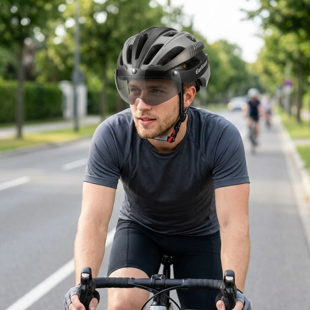 Eastinear Adult Bike Helmet with LED Rear Light & Magnetic Visor - Lig