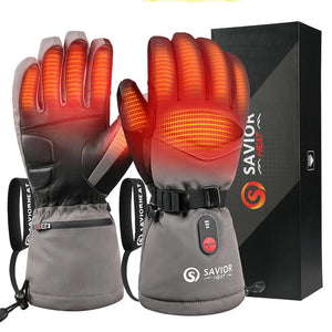 Gray Rechargeable Heated Ski Gloves and Package Box