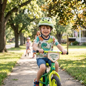 A boy riding bike with Dinosaur Helmet