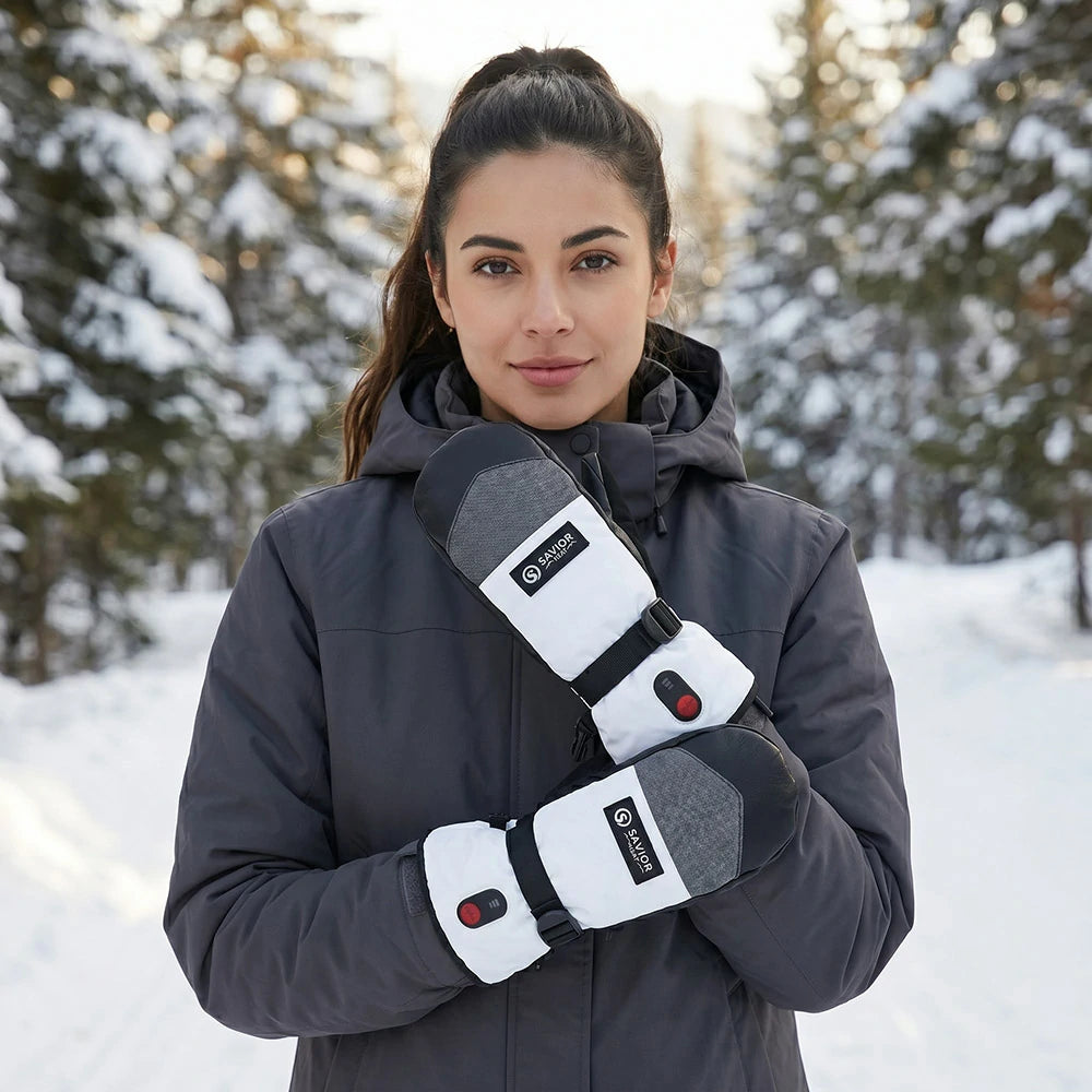 A young woman wearing Savior Heat heated snow mittens