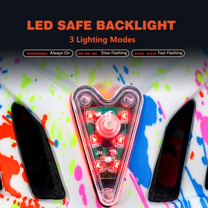 Built-in rear LED safety light on kids helmet for high visibility during evening rides