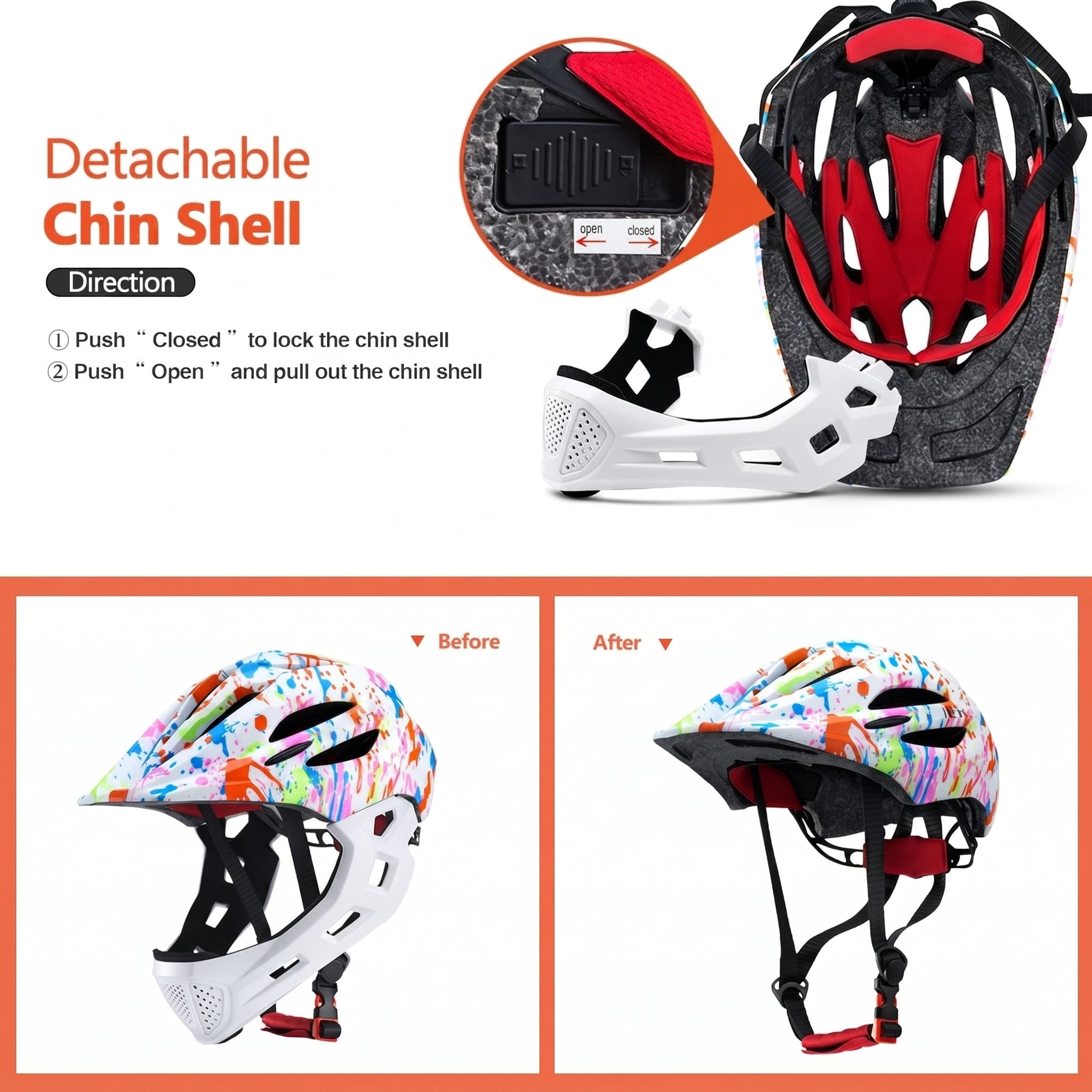 Demonstration of detachable chin guard transforming full face helmet to half-shell