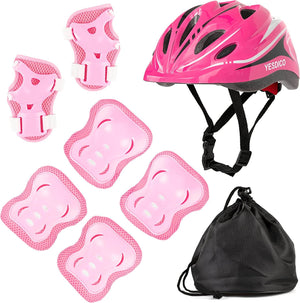 Kids Bicycle Helmet With 6pcs Knee Pads, Elbow Pads Wrist Guards, Pink