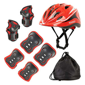 Kids Bicycle Helmet With 6pcs Knee Pads, Elbow Pads Wrist Guards, Red