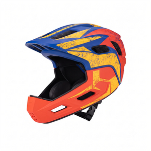 Kids full face bike helmet in blue red with detachable chin guard