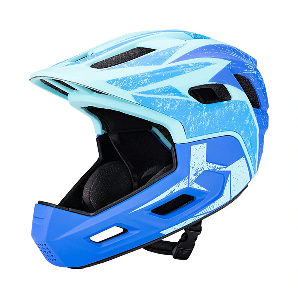 Kids full face bike helmet in blue with detachable chin guard
