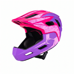 Kids full face bike helmet in purple with detachable chin guard