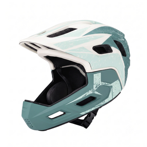 Kids full face bike helmet in white green with detachable chin guard
