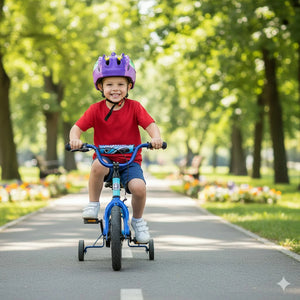 Child riding a bike with training wheels in a park