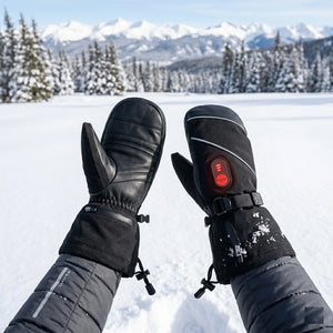 Wearing heated mittens to play with snow