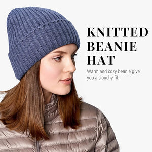 Woman wearing a blue knitted beanie with text describing the product.