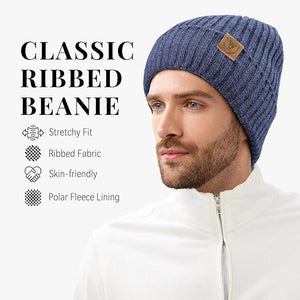 Man wearing a blue ribbed beanie with product features listed