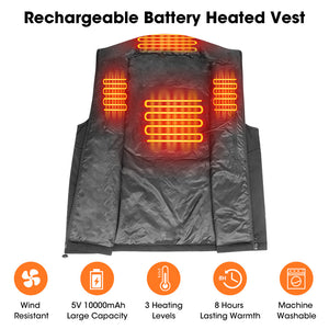 Rechargeable battery heated vest with glowing heating elements