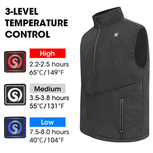 Black heated vest with 3 level temperature control indicators