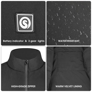 Collage of features including battery indicator, water-resistance, high-grade zipper, and warm velvet lining on savior heated vest