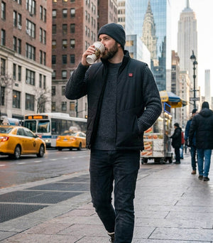 A man wearing a heated vest walks down a Manhattan street in winter, sipping coffee as he goes