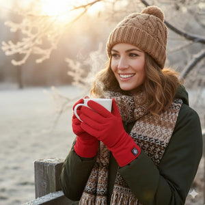 A woman wearing SAVIOR thin heating gloves drinking coffee in winter
