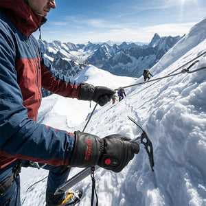 Wearing SAVIOR goat skin heating gloves to climb snow capped mountains