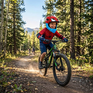 A boy wearing full-face detachable bike helmet cycling 