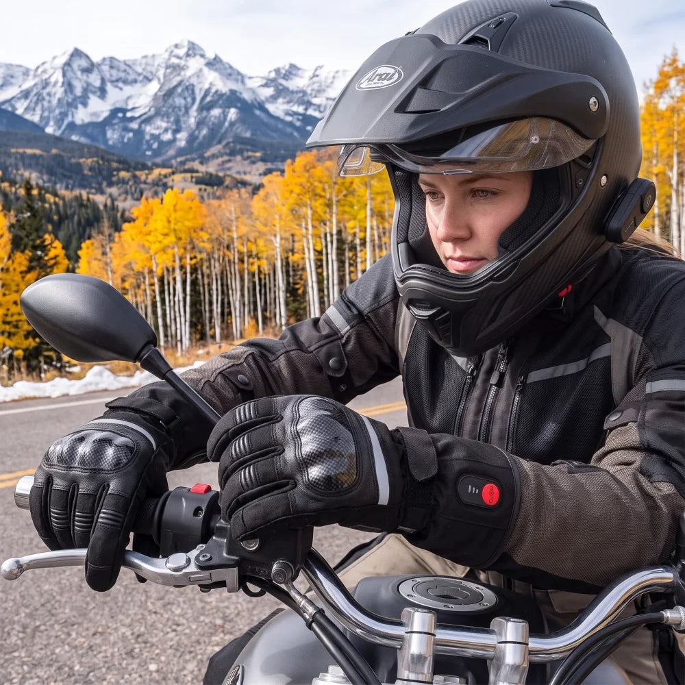 Savior Heat Carbon Fiber Leather Heated Motorcycle Gloves - Waterproof Touchscreen Winter Ski Gloves
