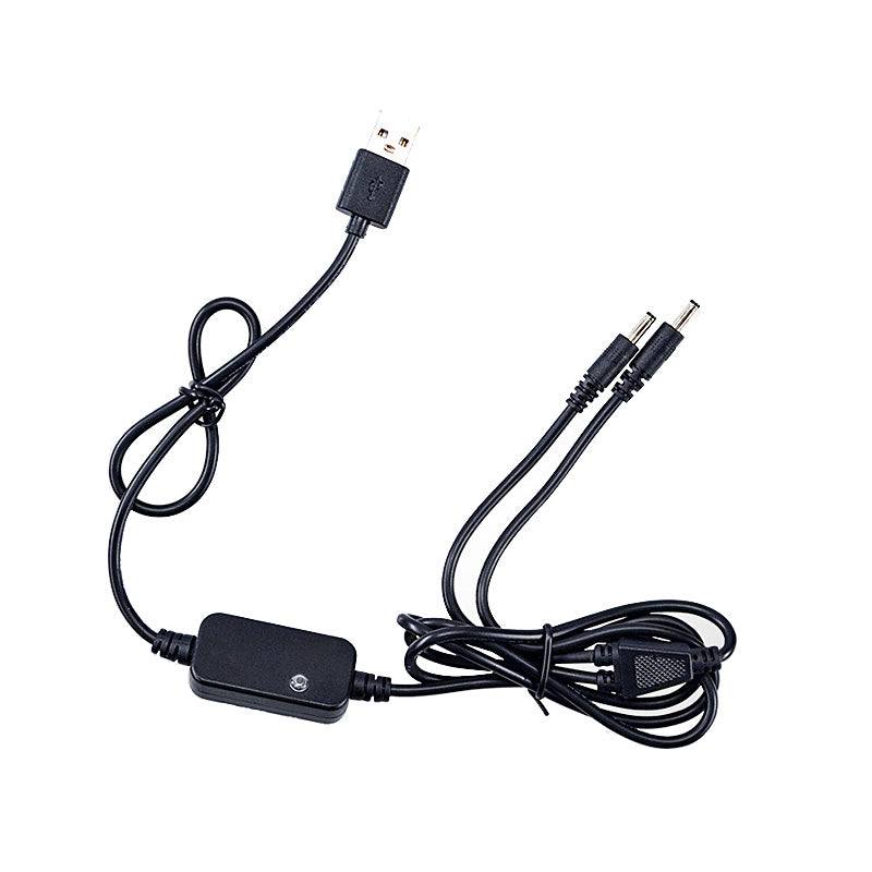 A black USB wall charger with a dual port USB-DC charging cable.