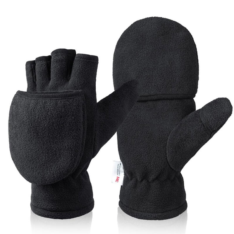Mens Womens Winter Fingerless Gloves: Thermal Thick Warm Fleece Convertible Mittens For Photographer In Cold Weather - Black