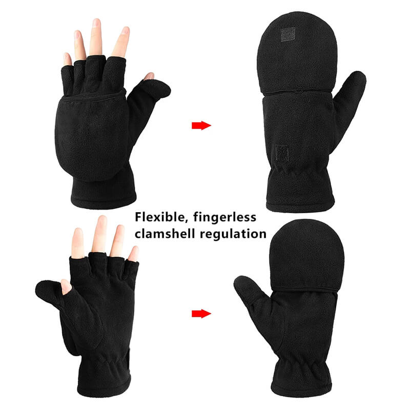 Mens Womens Winter Fingerless Gloves: Thermal Thick Warm Fleece Convertible Mittens For Photographer In Cold Weather - Black