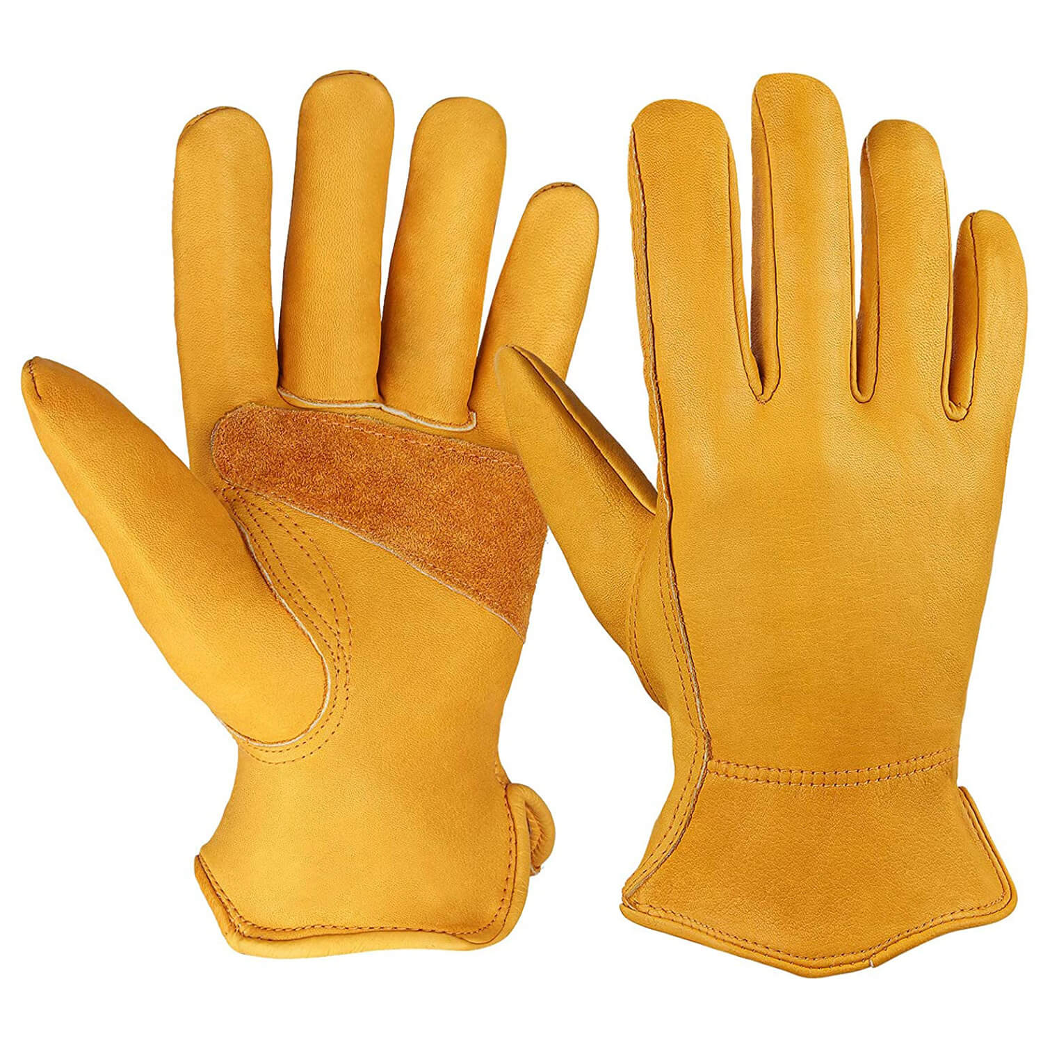 OZERO Flex Grip Leather Work Gloves Stretchable Wrist Tough Cowhide Working Glove 1 Pair (Gold Medium)