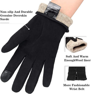 Ozero Deerskin Suede Women Leather Gloves with Warm Cashmere Lining | Winter Touchscreen Gloves