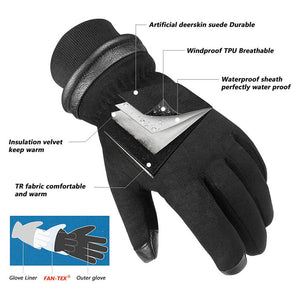 OZERO Waterproof Suede Winter Gloves | Touch Screen Leather Gloves With Velvet Lining